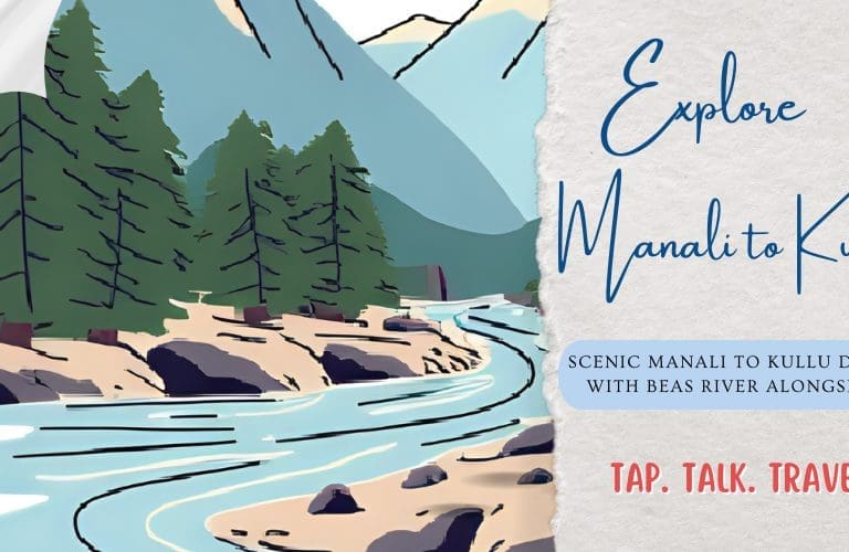 Scenic river and pine forest along the Manali to Kullu route under snowy peaks