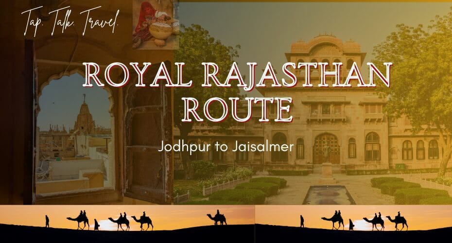 Palace facade, carved window and camel silhouettes at sunset — Jodhpur to Jaisalmer