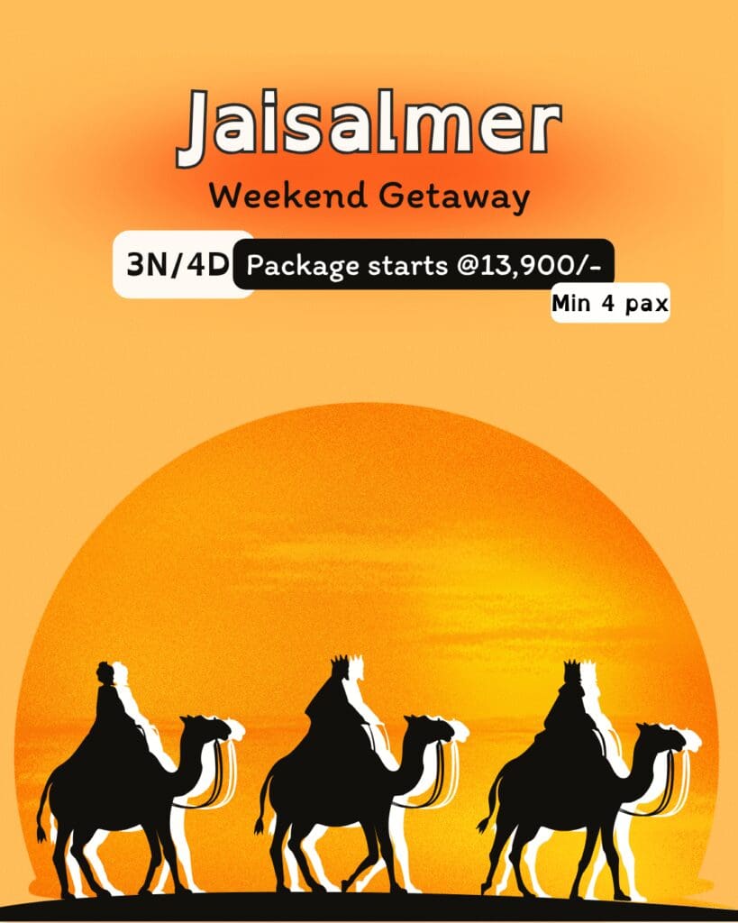 Jaisalmer weekend getaway poster showing camel riders against a desert sunset