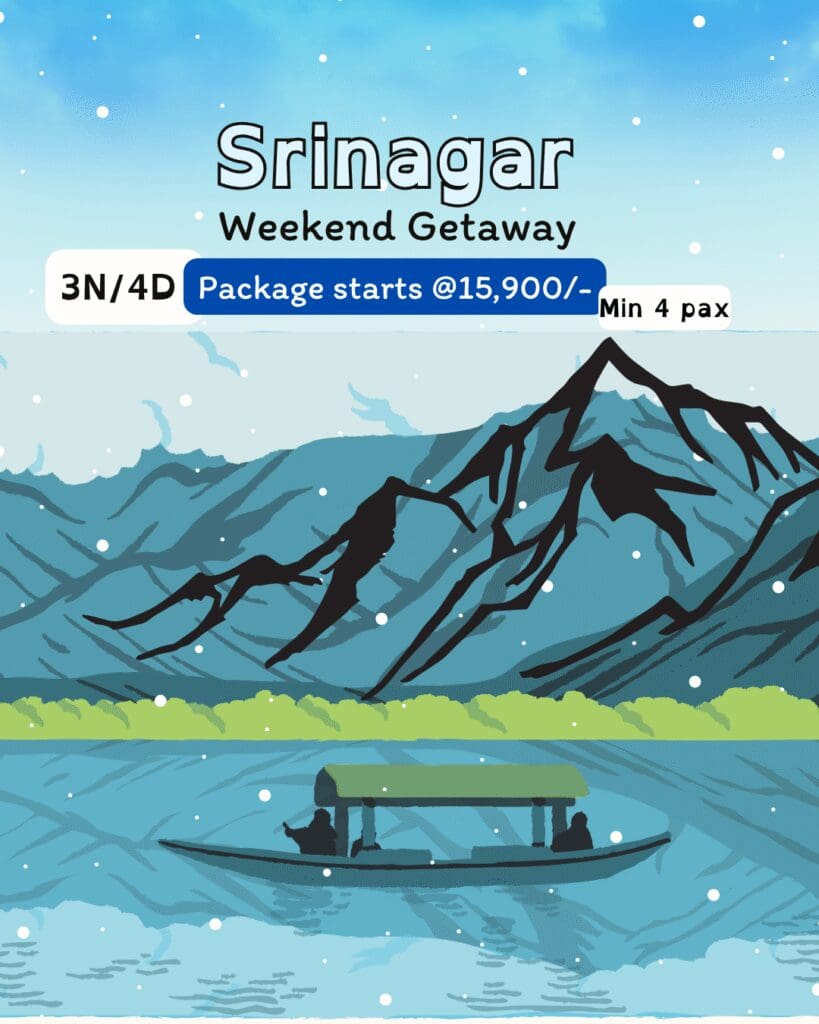Srinagar shikara ride on Dal Lake with snowy mountains, Srinagar weekend getaway package